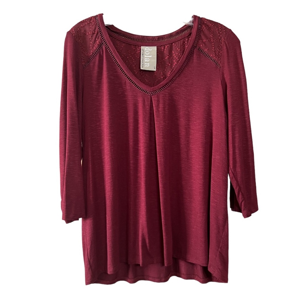 Anthro Dolan Burgundy V Neck Crochet Accent 3/4 Sleeve Top Sz S EUC